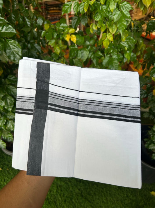 Single Pure white - Kaitharikada 100% Cotton 40s Thread Mundu / Dothi - 1.5 inch Black Stripes Kara (2 meters / 4 mulam) - 116 KK5258 THI