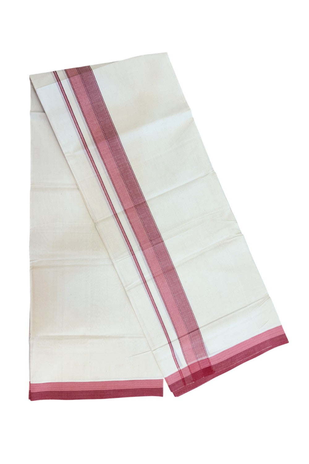 20% DISCOUNT! KaithariKada Balaramapuram 100% Cotton OFF WHITE Double (Unbleached) Mundu/Dhoti-100x80 1.75 inch Red & Georgia Peach shaded designer kara 4 mtr (8.5 muzham) - 116KK5220 THI