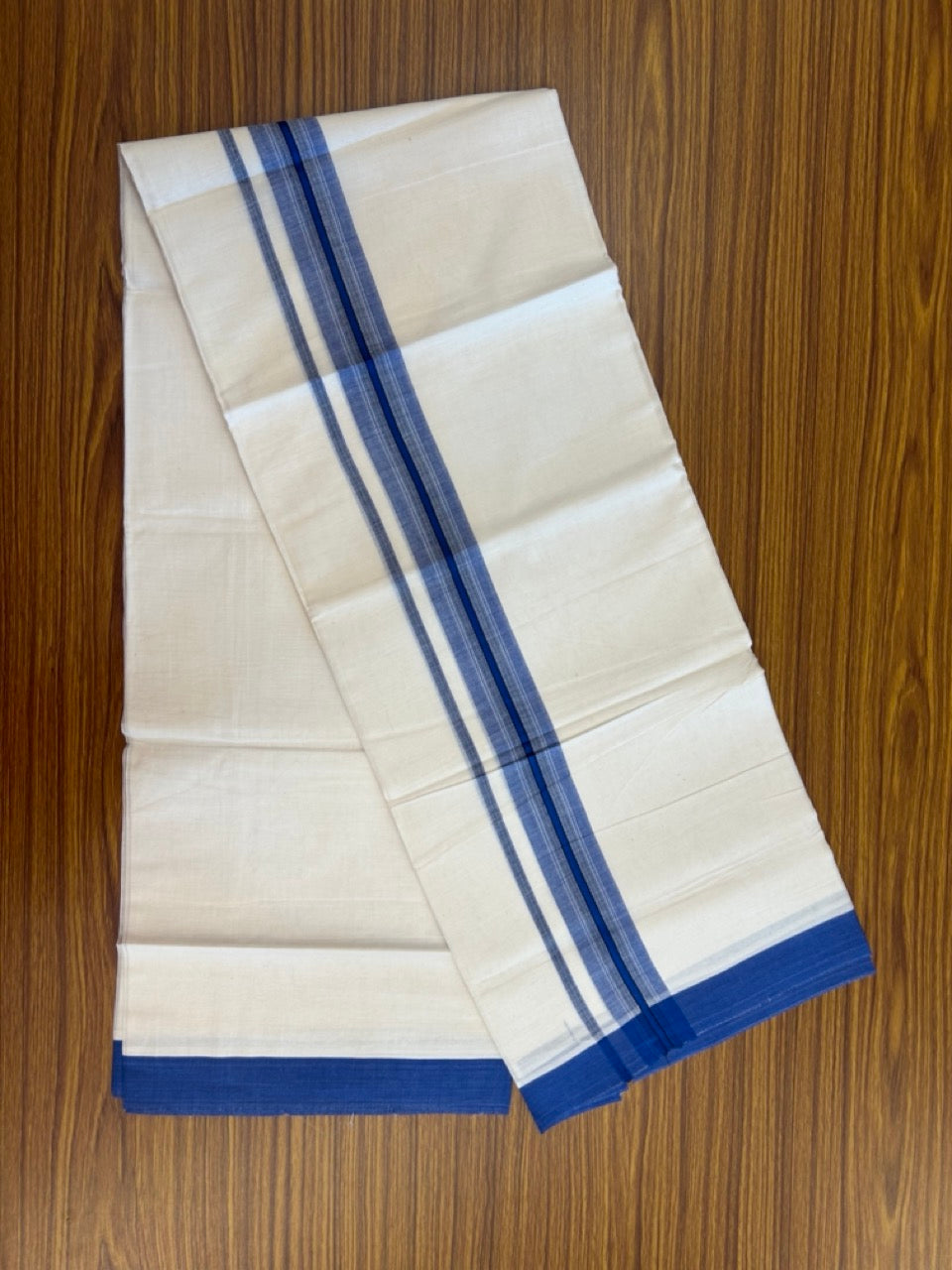 20% Discount! KaithariKada Balaramapuram 100% Cotton Off white Double Mundu/Dhoti - (100x80)S - 1.5 inch Blue Striped Kara - 4mtr (8.5muzham) - 116 KK5255 VAS