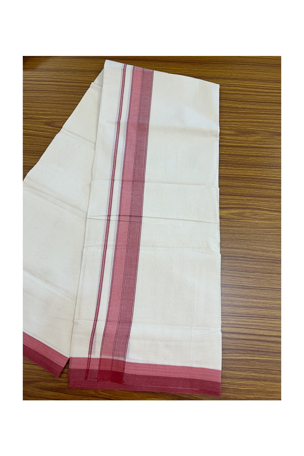 20% DISCOUNT! KaithariKada Balaramapuram 100% Cotton OFF WHITE Double (Unbleached) Mundu/Dhoti-100x80 1.75 inch Red & Georgia Peach shaded designer kara 4 mtr (8.5 muzham) - 116KK5220 THI
