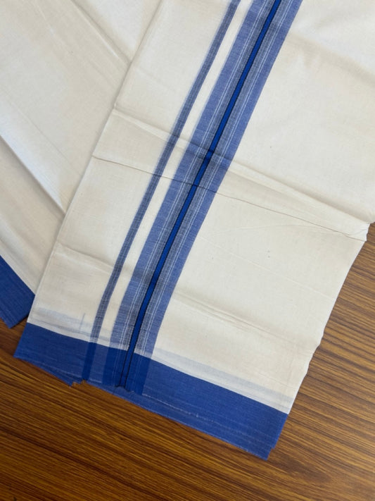 20% Discount! KaithariKada Balaramapuram 100% Cotton Off white Double Mundu/Dhoti - (100x80)S - 1.5 inch Blue Striped Kara - 4mtr (8.5muzham) - 116 KK5255 VAS