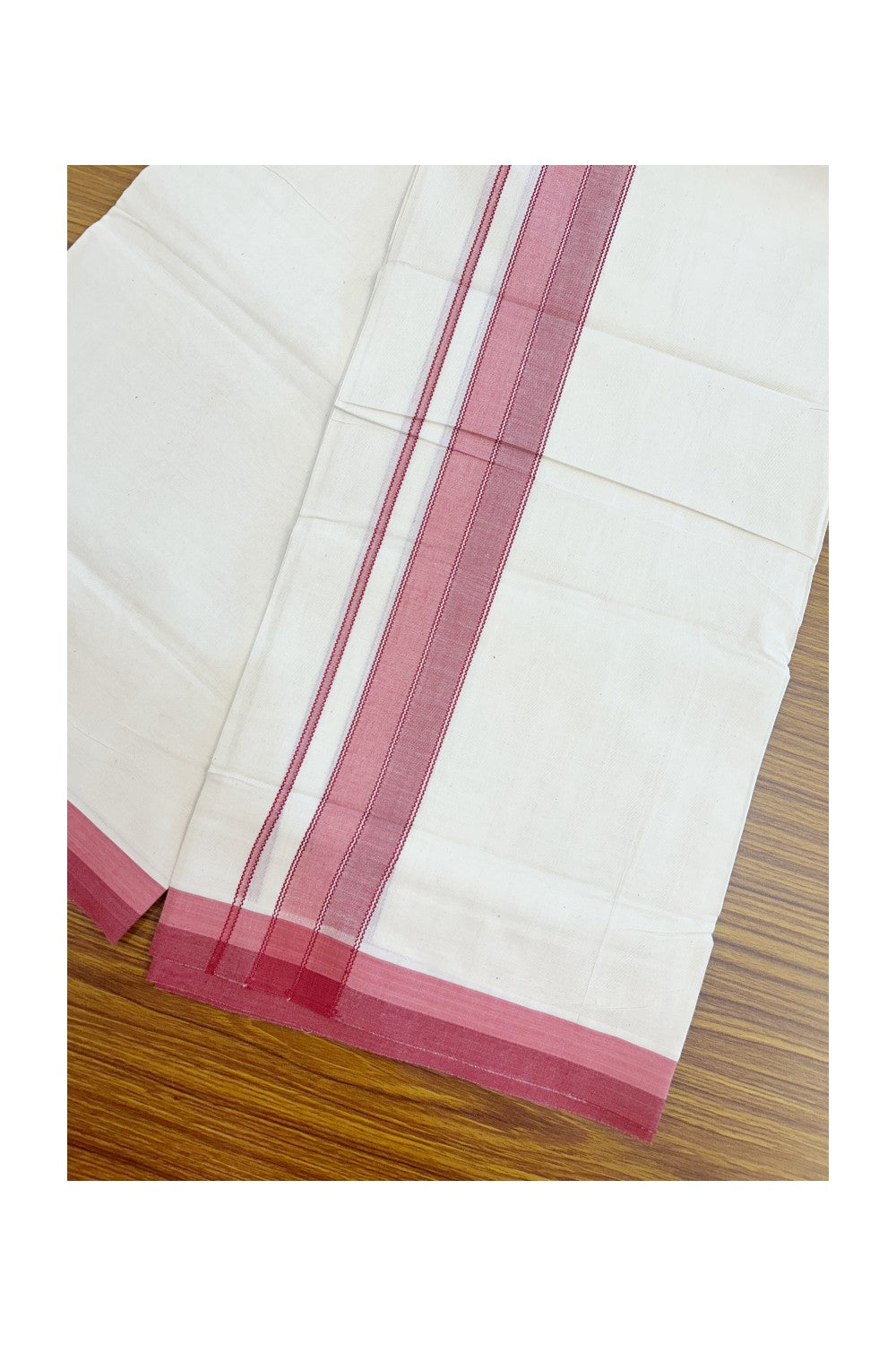 20% DISCOUNT! KaithariKada Balaramapuram 100% Cotton OFF WHITE Double (Unbleached) Mundu/Dhoti-100x80 1.75 inch Red & Georgia Peach shaded designer kara 4 mtr (8.5 muzham) - 116KK5220 THI