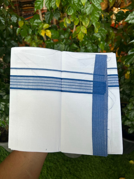 Single Pure white - Kaitharikada 100% Cotton 40s Thread Mundu / Dothi - 1 inch Blue Stripes Kara (2 meters / 4 mulam) - 117 KK5258 THI