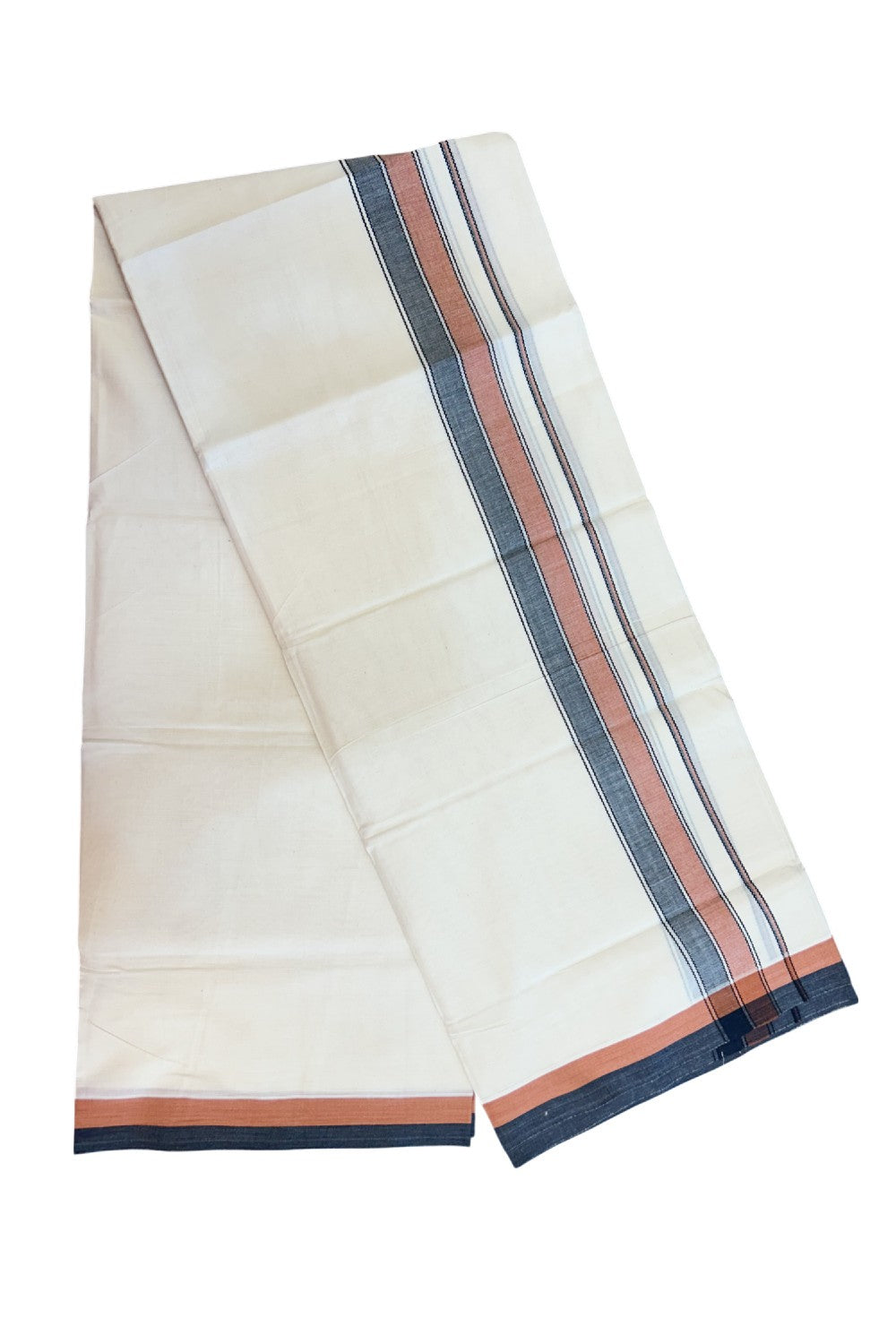 20% DISCOUNT! KaithariKada Balaramapuram 100% Cotton OFF WHITE Double (Unbleached) Mundu/Dhoti-100x80 1.75 inch Orange Brown & Black shaded designer kara 4 mtr (8.5 muzham) - 117KK5220 THI