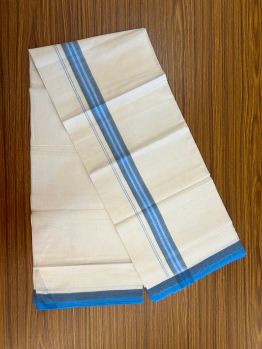 20% Discount! KaithariKada Balaramapuram 100% Cotton Off white Double Mundu/Dhoti - (100x80)S - 1.5 inch Sky Blue White Striped Kara - 4mtr (8.5muzham) - 117 KK5255 VAS