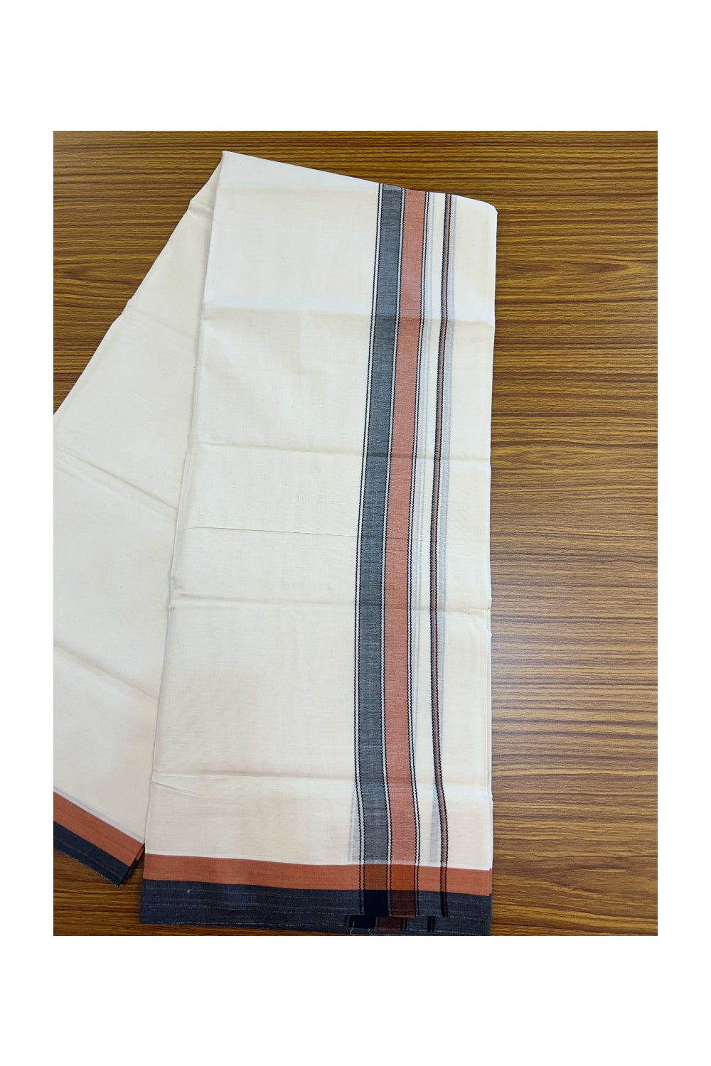 20% DISCOUNT! KaithariKada Balaramapuram 100% Cotton OFF WHITE Double (Unbleached) Mundu/Dhoti-100x80 1.75 inch Orange Brown & Black shaded designer kara 4 mtr (8.5 muzham) - 117KK5220 THI