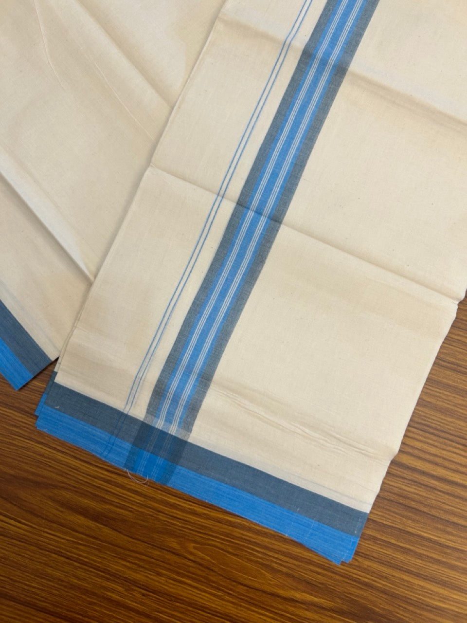 20% Discount! KaithariKada Balaramapuram 100% Cotton Off white Double Mundu/Dhoti - (100x80)S - 1.5 inch Sky Blue White Striped Kara - 4mtr (8.5muzham) - 117 KK5255 VAS