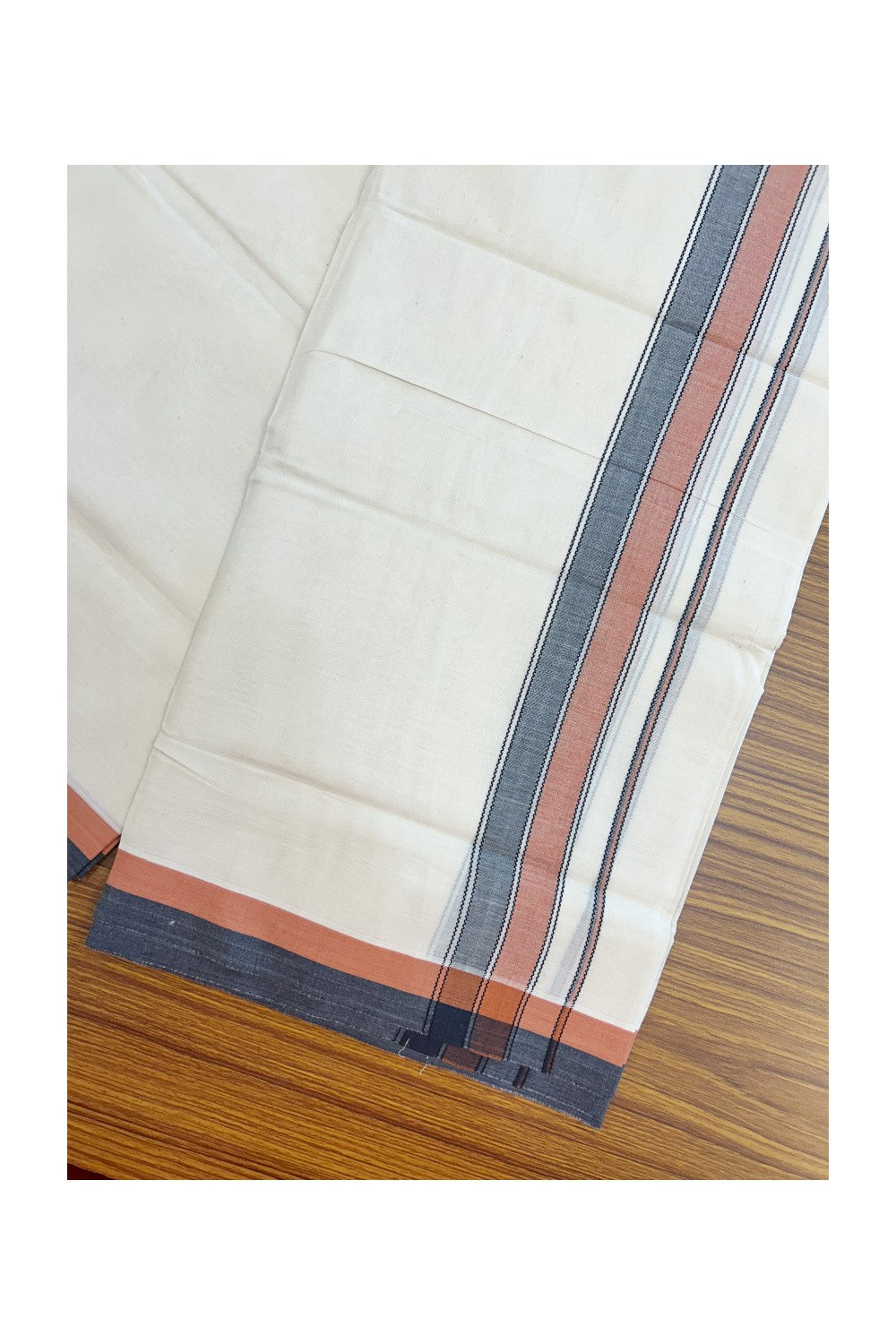 20% DISCOUNT! KaithariKada Balaramapuram 100% Cotton OFF WHITE Double (Unbleached) Mundu/Dhoti-100x80 1.75 inch Orange Brown & Black shaded designer kara 4 mtr (8.5 muzham) - 117KK5220 THI