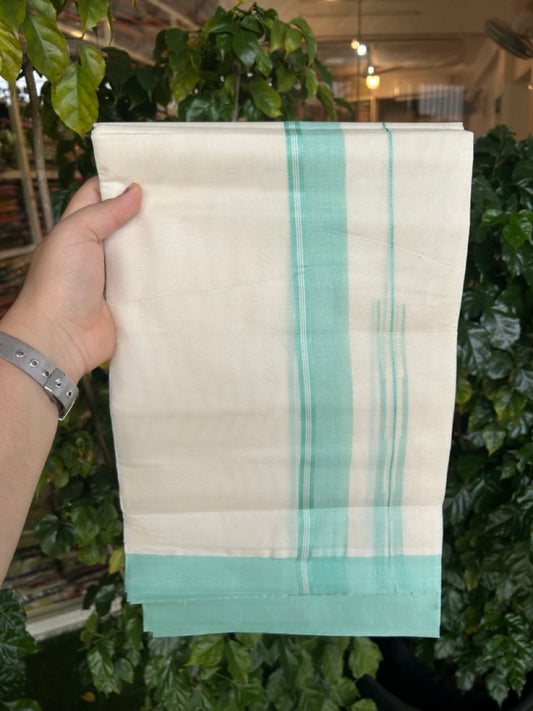 26% Discount! KaithariKada 100% Cotton 80s thread Off white Double Mundu/Dhoti - 1.25 inch Cyan Blue White Striped Chutty PuliyilaKara - 4mtr (8.5muzham) - 118 KK5255 VAS