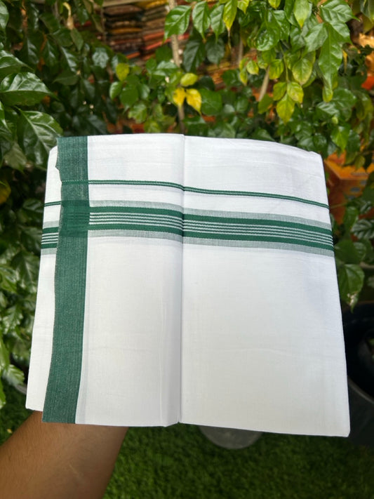 Single Pure white - Kaitharikada 100% Cotton 40s Thread Mundu / Dothi - 1 inch Green Stripes Kara (2 meters / 4 mulam) - 118 KK5258 THI