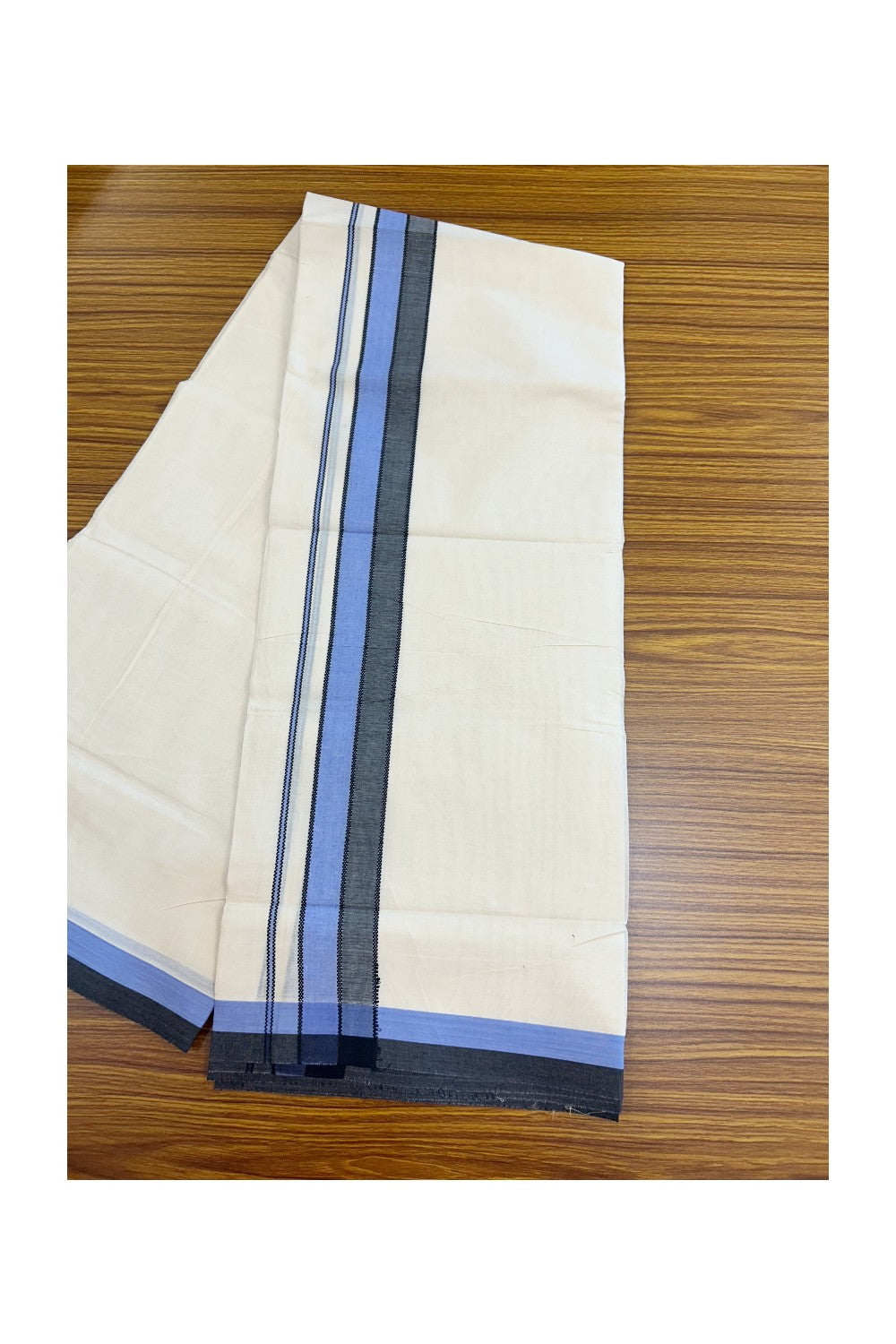 20% DISCOUNT! KaithariKada Balaramapuram 100% Cotton OFF WHITE Double (Unbleached) Mundu/Dhoti-100x80 1.75 inch Blue & Black shaded designer kara 4 mtr (8.5 muzham) - 118KK5220 THI