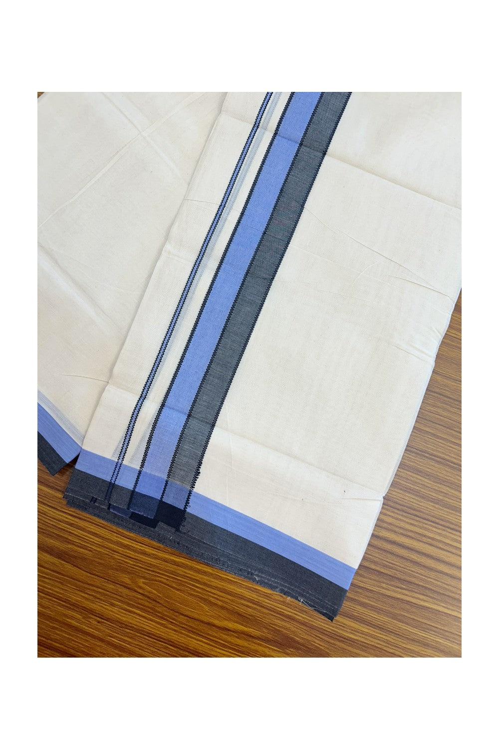 20% DISCOUNT! KaithariKada Balaramapuram 100% Cotton OFF WHITE Double (Unbleached) Mundu/Dhoti-100x80 1.75 inch Blue & Black shaded designer kara 4 mtr (8.5 muzham) - 118KK5220 THI