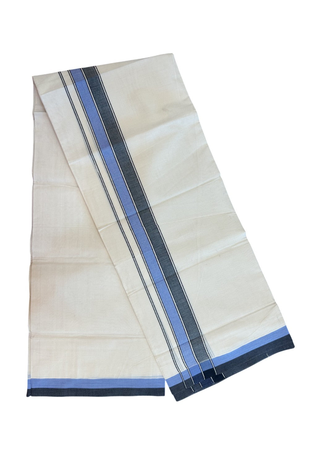 20% DISCOUNT! KaithariKada Balaramapuram 100% Cotton OFF WHITE Double (Unbleached) Mundu/Dhoti-100x80 - 2 inch Blue & Black shaded designer kara 4 mtr (8.5 muzham) - 119KK5220 THI
