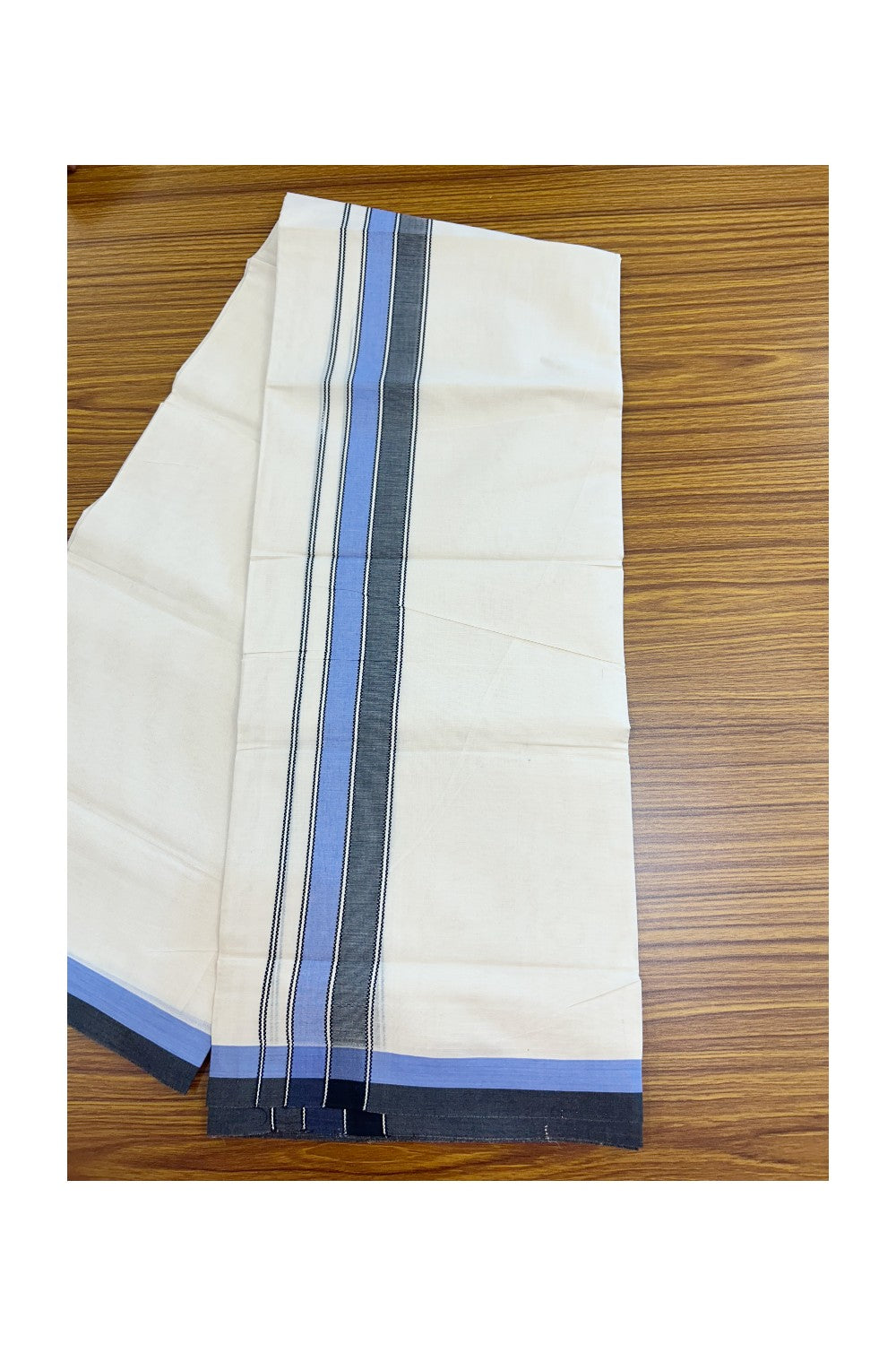 20% DISCOUNT! KaithariKada Balaramapuram 100% Cotton OFF WHITE Double (Unbleached) Mundu/Dhoti-100x80 - 2 inch Blue & Black shaded designer kara 4 mtr (8.5 muzham) - 119KK5220 THI