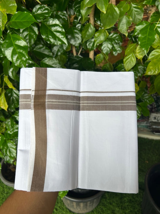 24% Discount !! KaithariKada Balaramapuram 100% Cotton Pure white Single Mundu/Dhoti - Twisted 60s Thread- 1.25 inch Walnut Brown Striped Kara (2 meter / 4 muzham) - 12KK5241 GL