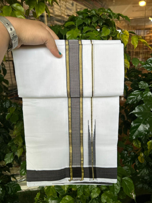 25% Discount!! NEW ULTRA PURE WHITE THREAD HANDLOOM Balaramapuram - 100% MERCERISED Cotton Double Mundu/Dhoti - 120 twisted warp x 80s weft - Black Brown Stripes Gold Kasav Chutty Kara- 12KK5248 REA