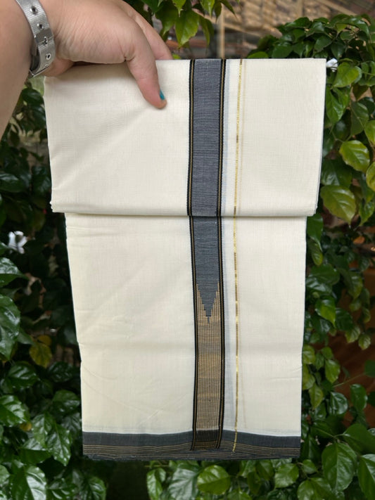 25% DISCOUNT!! KaithariKada HANDLOOM  UNAKKUPAAV Balaramapuram - 100% PURE Cotton OFF White - (Unbleached) Double Mundu/Dothi - 100 x 80 - Black Brown Chutty Kara PURE JERRY - 3.85meter - 12 KK5249 REA