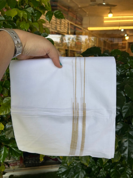 20% DISCOUNT!! NEW!! KaithariKada Balaramapuram 100% Cotton PURE WHITE Double Mundu/Dhoti - (100x80)s - 0.75 inch Mustard Yellow Line chutty - 12 KK5249 VIN