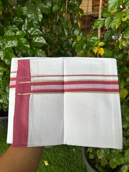 Short Dhoti Special - 28% Discount ! KaithariKada 100% Cotton Pure White Double Mundu / Dhoti - 100x80 - 45 inch Height 3.80 m Length  1.5 inch Maroon Magenta mix White Silver Kasav kara - 12 KK5258 THI