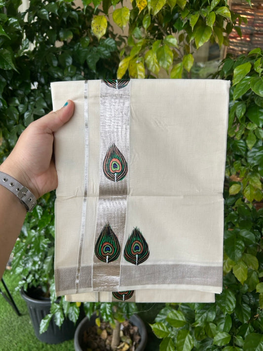 24% Discount! KaithariKada 100% Cotton Double Off white - (Ubleached) Mundu / Dhoti - 100x80 1.5 inch Silver Kasavu & Hand Painted Peacock - 12 KK5259 CKS