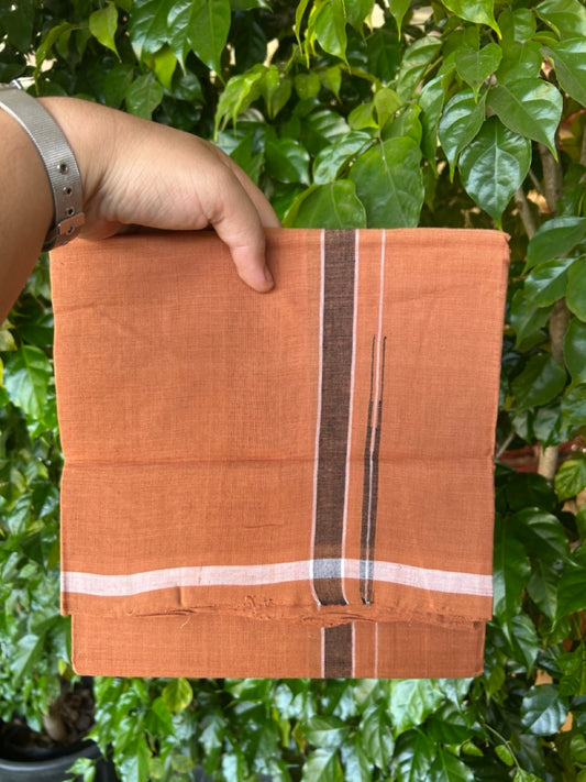 HANDLOOM Single KaithariKada - 10% Discount ! 100% Pure Cotton -  Mundu/Dhoti  KAVI COLOUR BODY 2cm BLACK & WHITE Kara Stripes Chutty (2 meter / 4 muzham)- 12KK8026ELA
