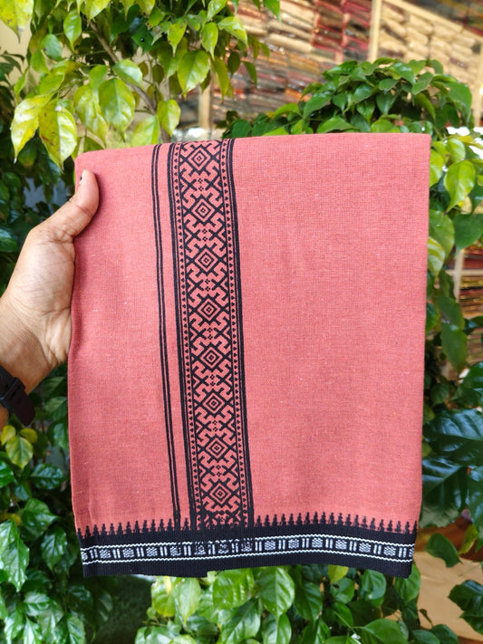 8% Discount!!! Kaitharikada Mixed Cotton Single KAVI - Kaily / Lungi - 3.25 inch Black Tribal Kuppadam Border (2 meter / 4 muzham) - 12KK8027 AS
