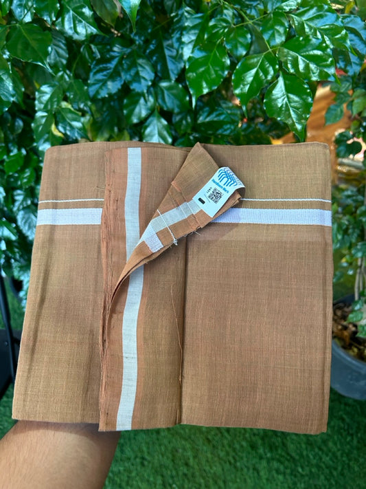 Handloom Single Hallmarked - 10% Discount !! KaithariKada 100% Pure Cotton - Mundu/Dhoti Kavi Brown Body White 0.5 inch Kara- (2 meter / 4 muzham)- 12 KK8030 ELA
