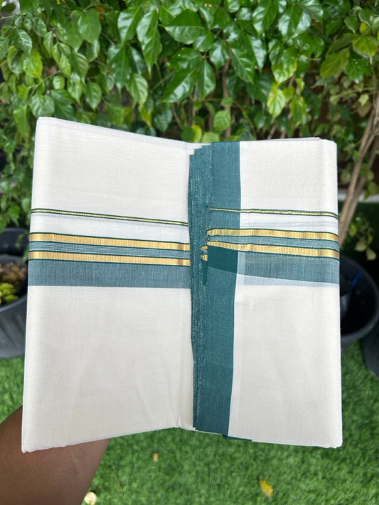 31% DISCOUNT!! KaithariKada HANDLOOM Millpaav Balaramapuram - 100% PURE Cotton OFF White Double - (Unbleached) Mundu/Dothi - 1.75 Inch Gold Kasav Green kara - 12kk5153RAM