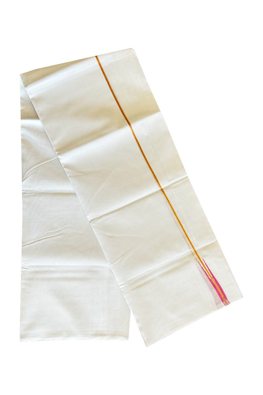 23% DISCOUNT!! KaithariKada Balaramapuram 100% Cotton PURE WHITE Double Mundu/Dhoti-100x100  1.cm Puliyilakkara  MUTHUKKURI  PINK  AND KASAVU Chutty Pattern KARA.