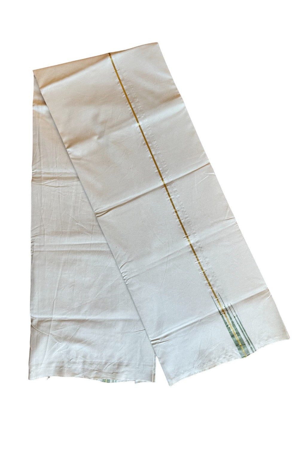 28% DISCOUNT ! KaithariKada Balaramapuram 100%  COTTON SINGLE OFF WHITE - (Unbleached) Mundu/Dhoti-100X100-  0.25 cm double Light Green Chutty (2 meter / 4 muzham) - 12KK400ASH