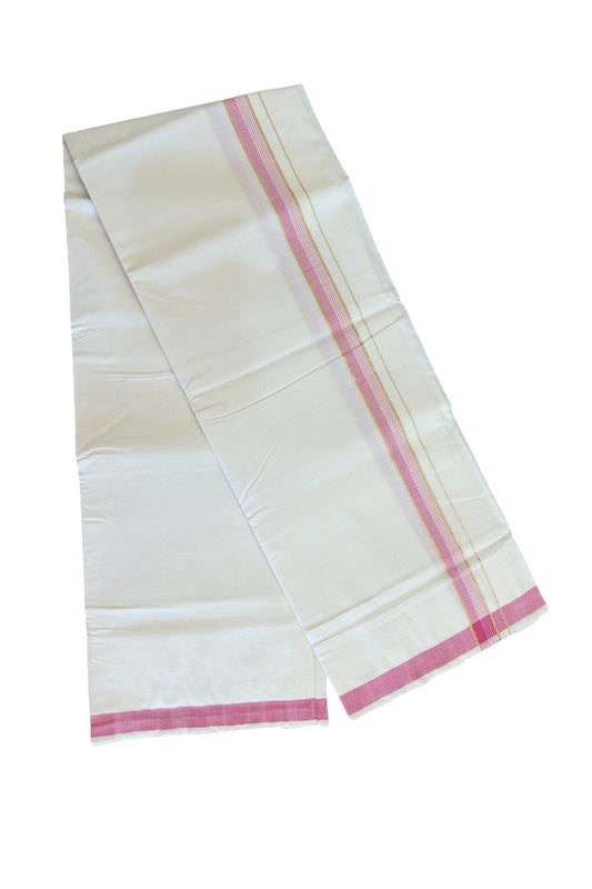 25% Discount KaithariKada 100% Cotton Balaramapuram HANDLOOM Single Mundu/Dhoti - Off White - (Unbleached) 1.5 inch Kasavu & Pink Striped Kara  (2 meter / 4 muzham)  - 12KK499KK