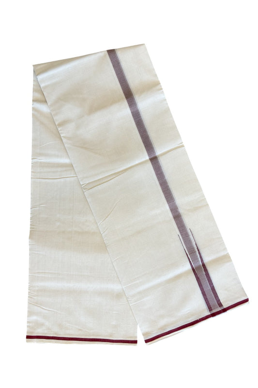 30% DISCOUNT!! KaithariKada HANDLOOM UNAKKUPAAV Balaramapuram - 100% PURE Cotton OFF White - (Unbleached) Double Mundu/Dothi - Puliyilakkara chutty 1 inch Maroon & Silver stripes - 12KK5011RAM