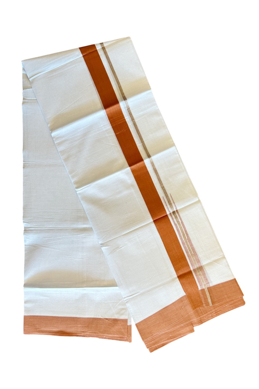 Kaitharikada  Balaramapuram 100% Pure Cotton PURE WHITE Double Mundu/Dothi - 80x92 - 1.5 Inch Orange & Silver Chutty kara - 12KK5022VAN