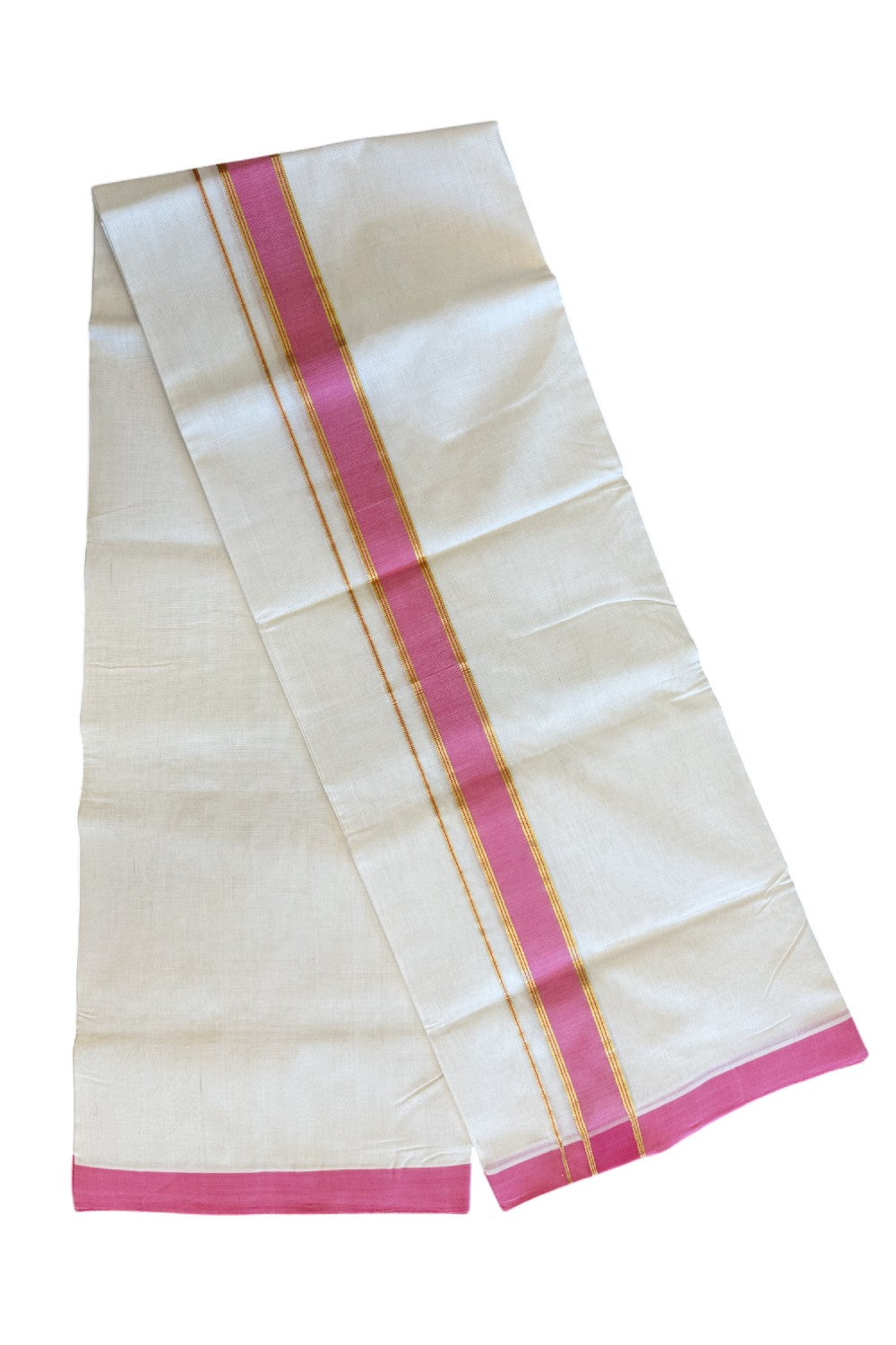 30% Discount KaithariKada HANDLOOM Unakkupaav Balaramapuram - 100% PURE Cotton Off White (Unbleached) Double Mundu/Dhoti -  2 inch Kasavu & Rose Pink-208