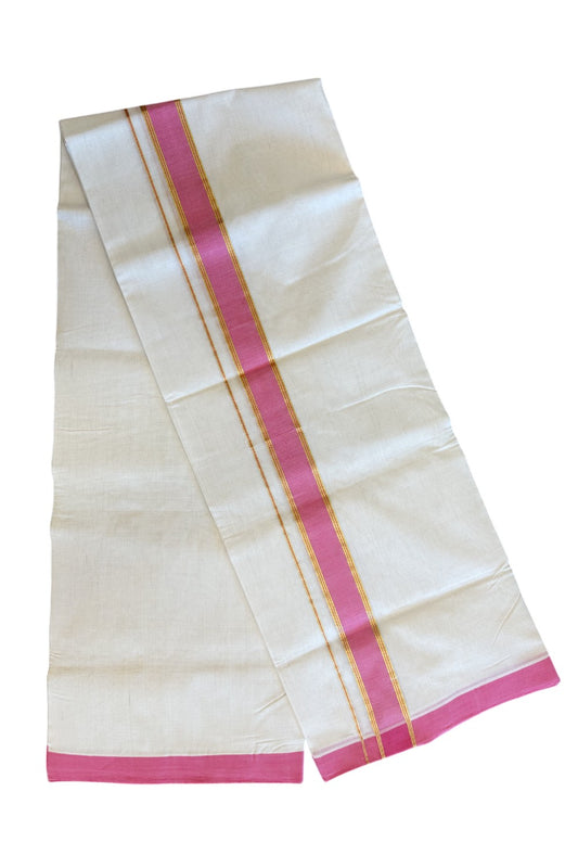 30% Discount KaithariKada HANDLOOM Unakkupaav Balaramapuram - 100% PURE Cotton Off White (Unbleached) Double Mundu/Dhoti -  2 inch Kasavu & Rose Pink-208