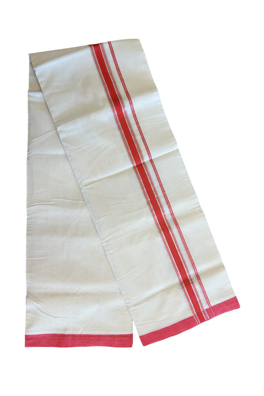 25% DISCOUNT! KaithariKada BALARAMAPURAM HANDLOOM UNAKKUPAAV - 100% PURE Cotton off white (Unbleached) Double Mundu/Dhoti -  1.75 inch Pink Red & Silver Kasavu Designer Kara- 3.60 mtr (8 Muzham)-52