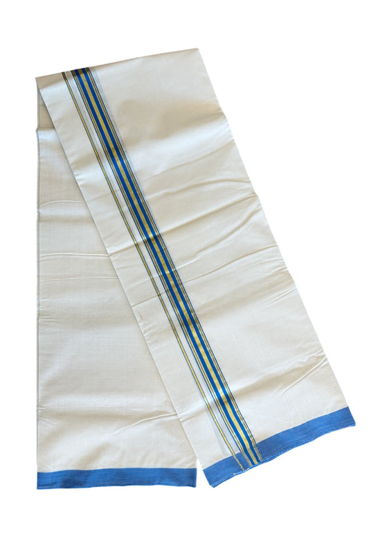 25% Discount KaithariKada Balaramapuram Handloom 100% Cotton Double Off white (Unbleached) Mundu/Dhoti-100X100-  1.75inch Gold Kasavu & Blue Kara.-5.