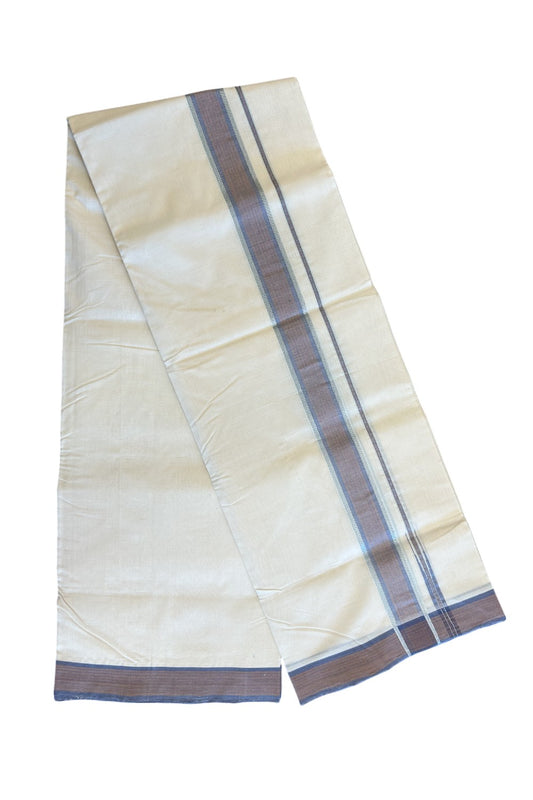 30% DISCOUNT!! KaithariKada BALARAMAPURAM HANDLOOM Unakkupaav- 100% PURE Cotton 100x100 Double Mundu/Dhoti OFF WHITE - (Unbleached) PULIYILAKKARA SILVER & Kasavu BLUE &  BROWN COLOUR 1.5 inch KARA-1KK44RAM.