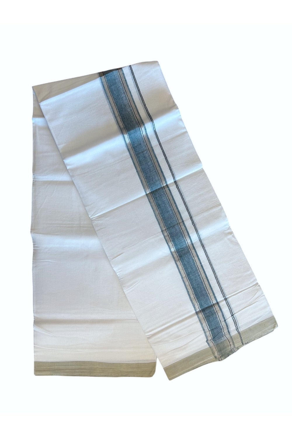 30% Discount KaithariKada HANDLOOM Unakkupaav Balaramapuram - 100% PURE Cotton PURE WHITE - 100x100 Double Mundu/Dhoti - 2 inch Dark Basil Green & Silver Kasavu Shaded Kara - 12KK5129YAR