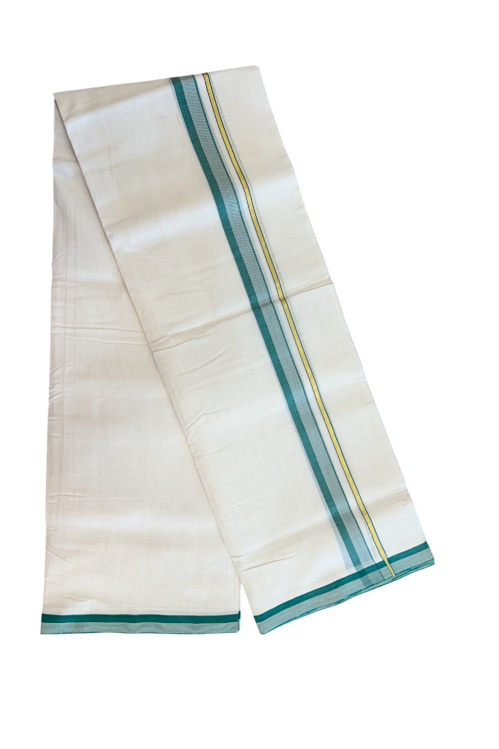 25% DISCOUNT! KaithariKada BALARAMAPURAM HANDLOOM UNAKKUPAAV - 100% PURE Cotton Off white (Unbleached) Double Mundu/Dhoti - 1 inch Gold Kasavu & Green Side Striped Kara (8 Muzham) - 12KK5161SOM