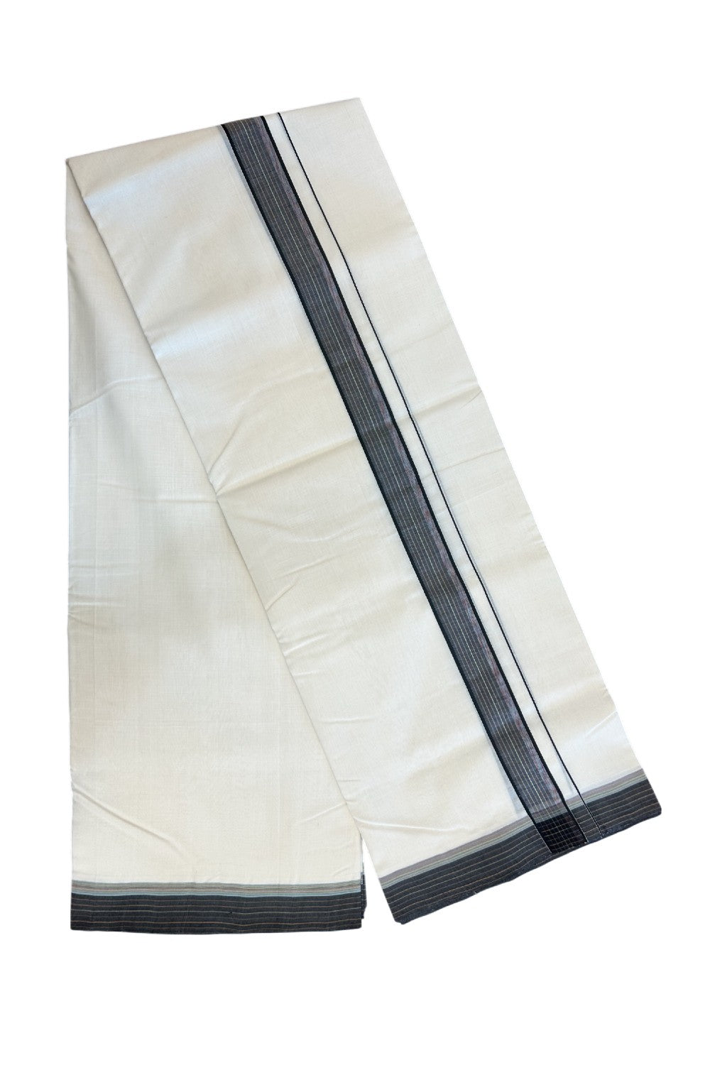 25% DISCOUNT!! KaithariKada HANDLOOM  UNAKKUPAAV Balaramapuram - 100% PURE Cotton OFF White - (Unbleached) Double Mundu/Dothi - 100x100 - 1.25 inch Black shaded & Multi colour stripes kara 3.80 meter (8.5 Muzham) - 18KK5167REA