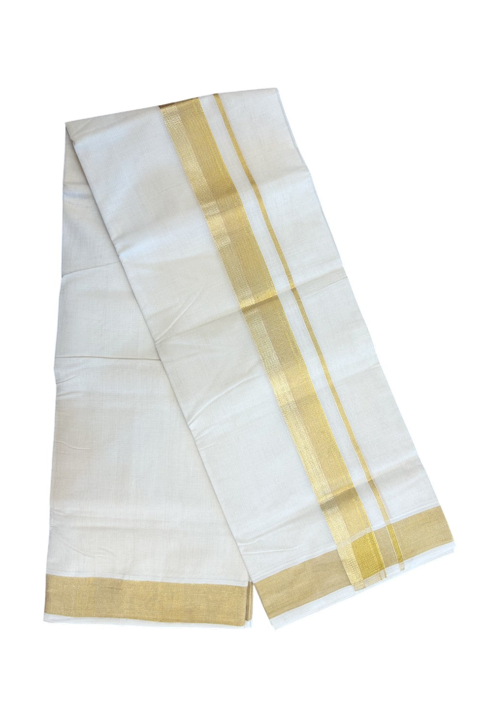25% DISCOUNT!! KaithariKada HANDLOOM MILLPAAV Balaramapuram - 100% PURE Cotton OFF White - (Unbleached) Double Mundu/Dothi - 2 inch Gold Kasavu design side Striped kara - 7KK5170RAM