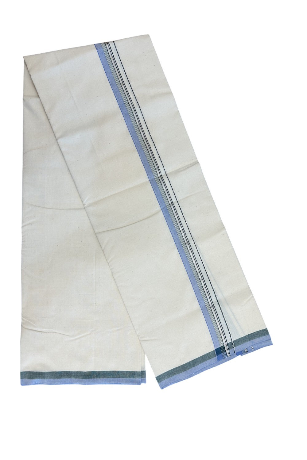25%DISCOUNT!! SIGNATURE KAITHARIKADA EXCLUSIVE SINGLE DHOTI - 100% Cotton Balaramapuram HANDLOOM Single Mundu/Dhoti - Off White - (Unbleached) 1 inch Green Lavender & Silver Kasavu Striped Kara (2 meter / 4 muzham)- 12KK5173KAI