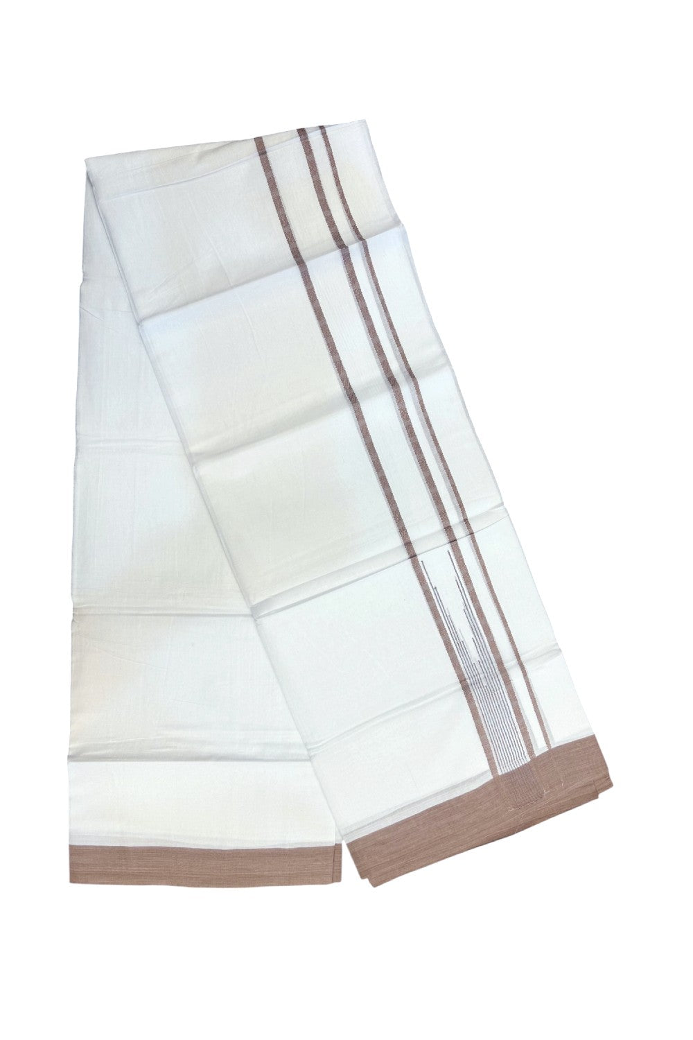 20% DISCOUNT! KaithariKada Balaramapuram DOUBLE PURE WHITE 100% Cotton Mundu/Dhoti - 100x80 - 1.5 inch Light Pastel Brown Putta Design Chutty Kara - 12KK5174THI