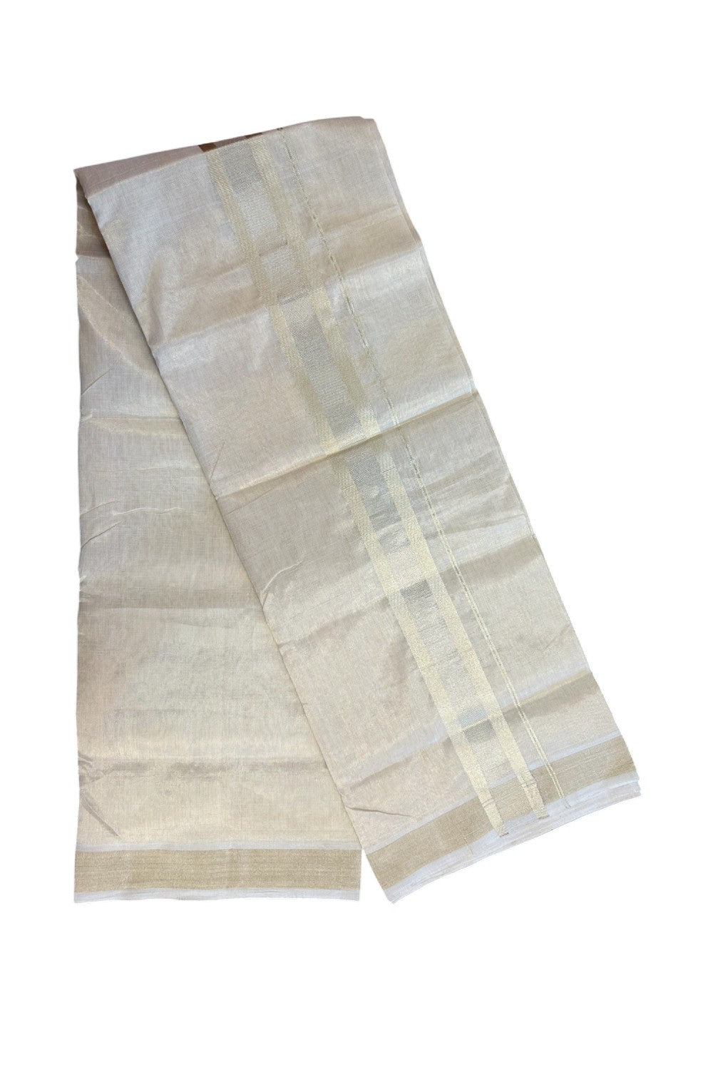 25% DISCOUNT! KaithariKada HANDLOOM UNAKKUPAAV Balaramapuram - 100% PURE Cotton Off White (Unbleached) - Double Mundu/Dhoti - 2 inch Light Gold Kasavu Tissue Body - 12KK5190ABH