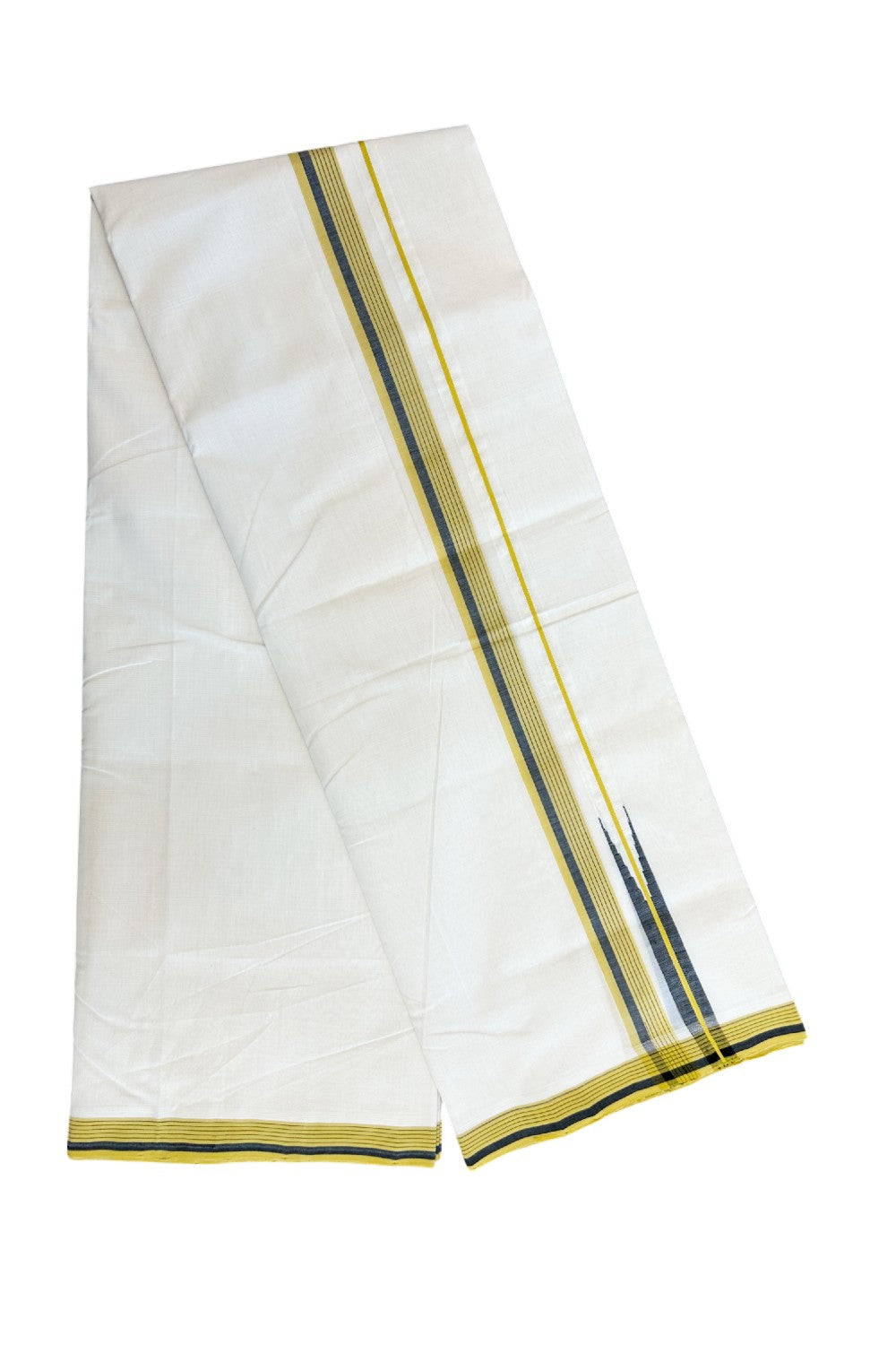 25% DISCOUNT!! KaithariKada HANDLOOM  UNAKKUPAAV Balaramapuram - 100% PURE Cotton OFF White - (Unbleached) Double Mundu/Dothi - 100 s warp x 80s weft - 1 inch Puliyilakkara Mustard Yellow & Black Striped Chutty Kara 3.80 meter (8.5 Muzham)- 12KK5200REA