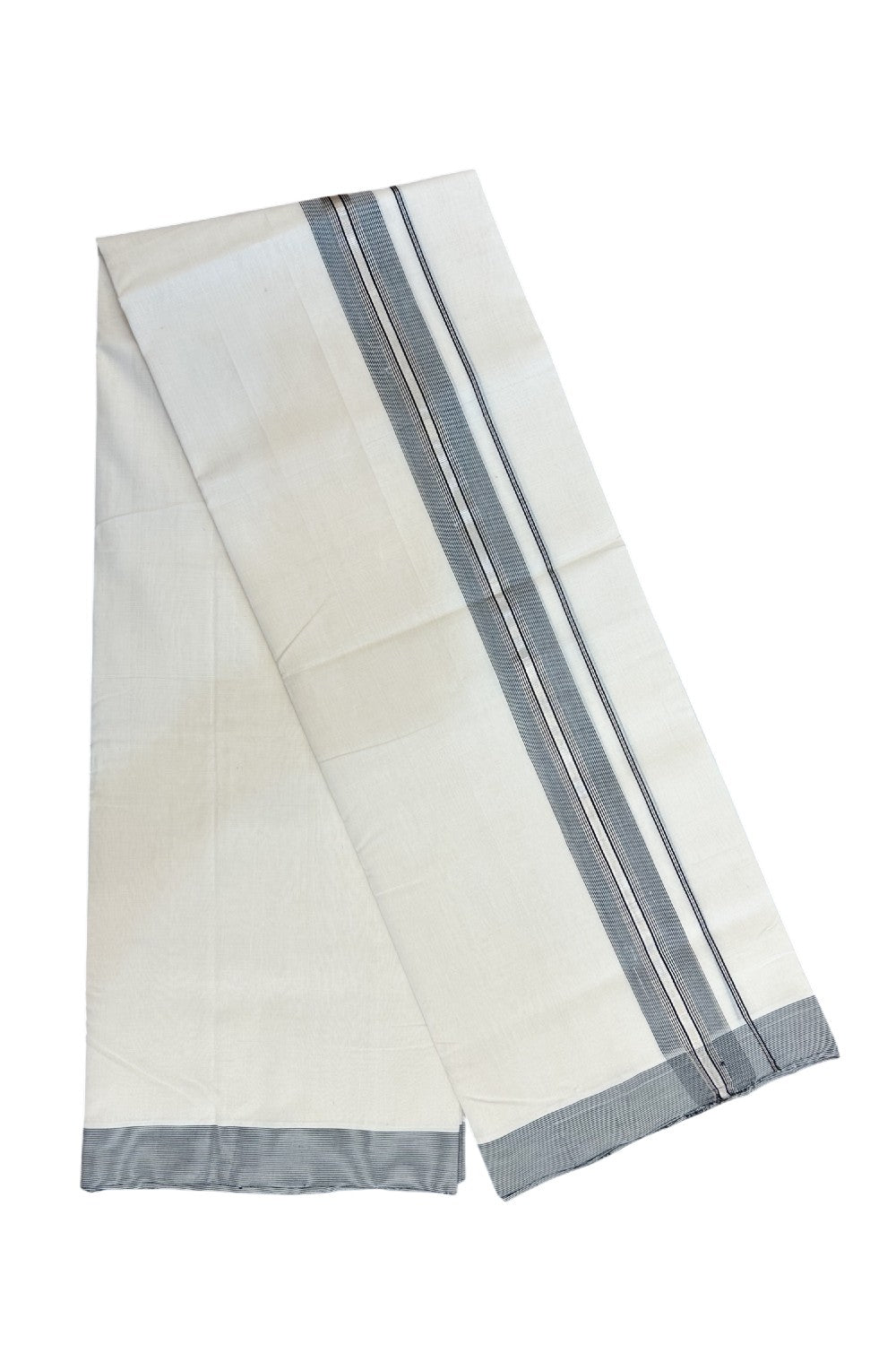25% DISCOUNT!! KaithariKada HANDLOOM UNAKKUPAAV Balaramapuram - 100% PURE Cotton OFF White Double - (Unbleached)- Mundu/Dothi - 80X100 - 1.75 inch Black & Silver Kasavu Striped Kara - 12KK5209 REA