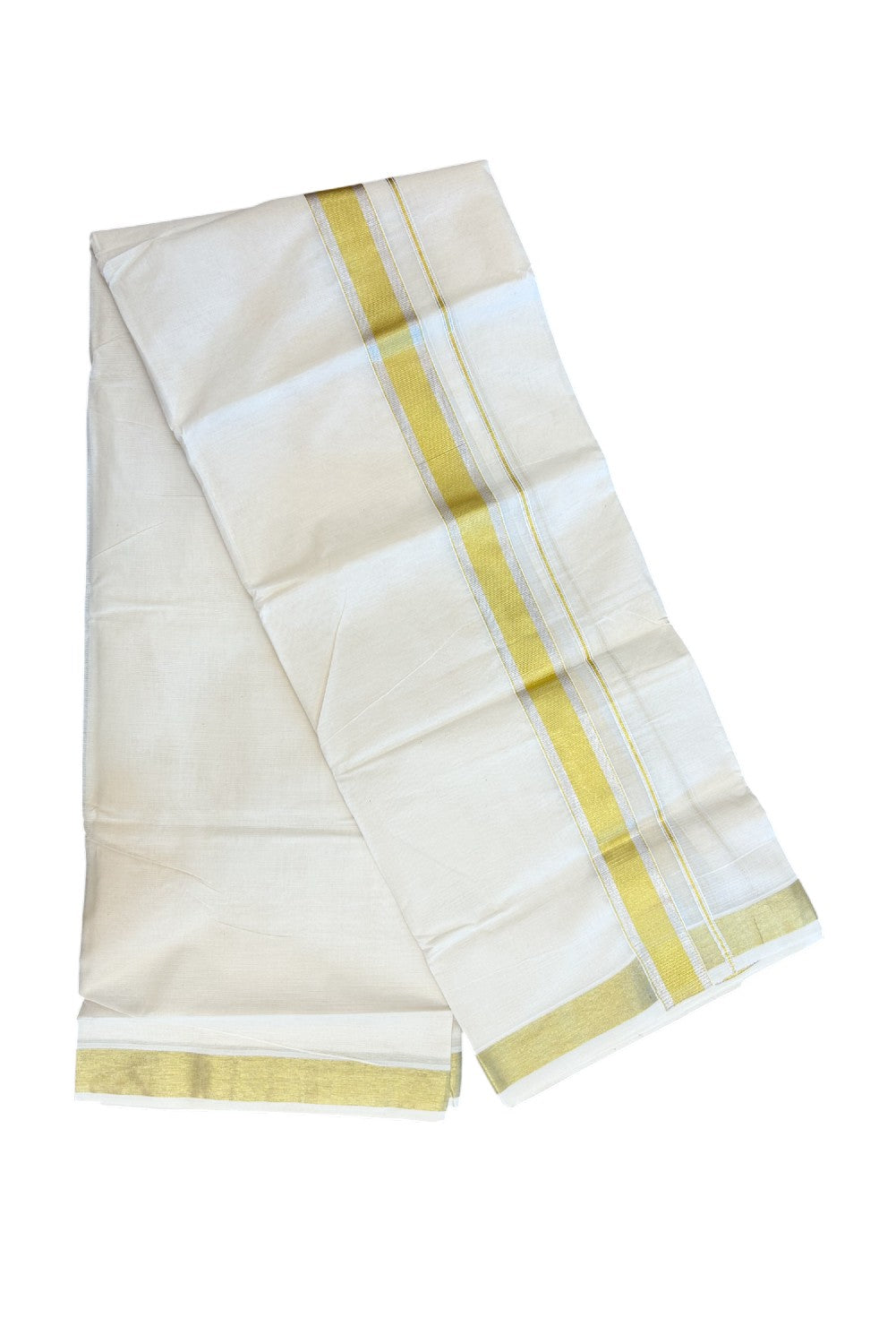 20% DISCOUNT ! KaithariKada  Balaramapuram - 100% PURE Cotton Off White - (Unbleached) Double Mundu/Dhoti - 100X80 - 1.5 inch Gold Kasavu & Silver Kasavu Striped Kara - 12KK5212 VIN