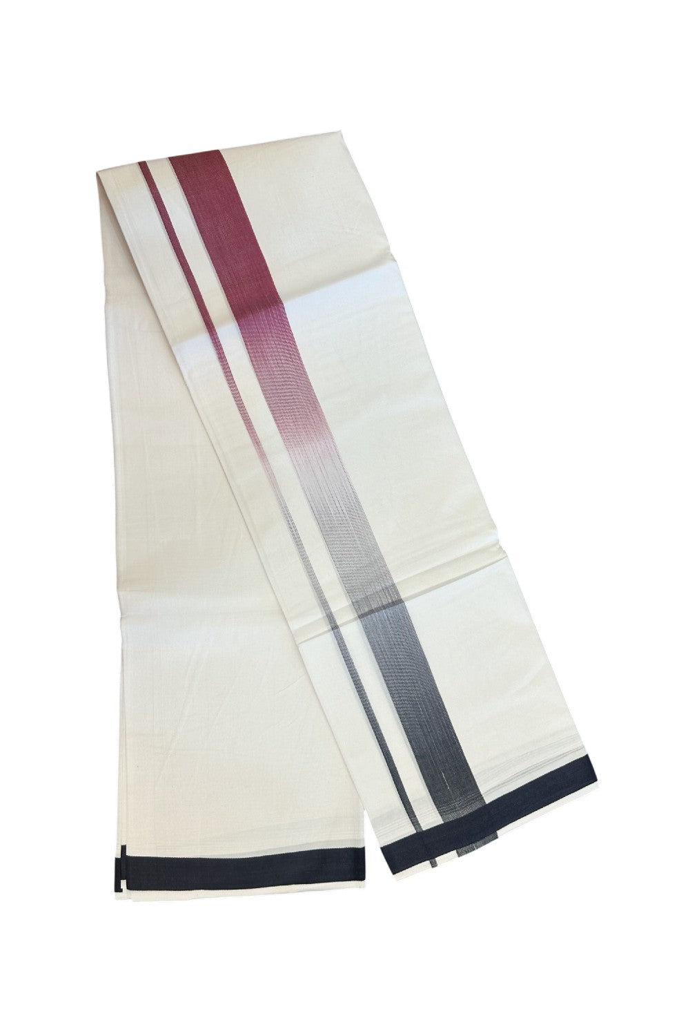 20% Discount!!! KaithariKada Balaramapuram  Double PURE WHITE  RAINBOW  Mundu/Dhoti - 100X80 - 1.75 inch Navy Blue & Berry Striped Designer Kara - 12KK5220 THI