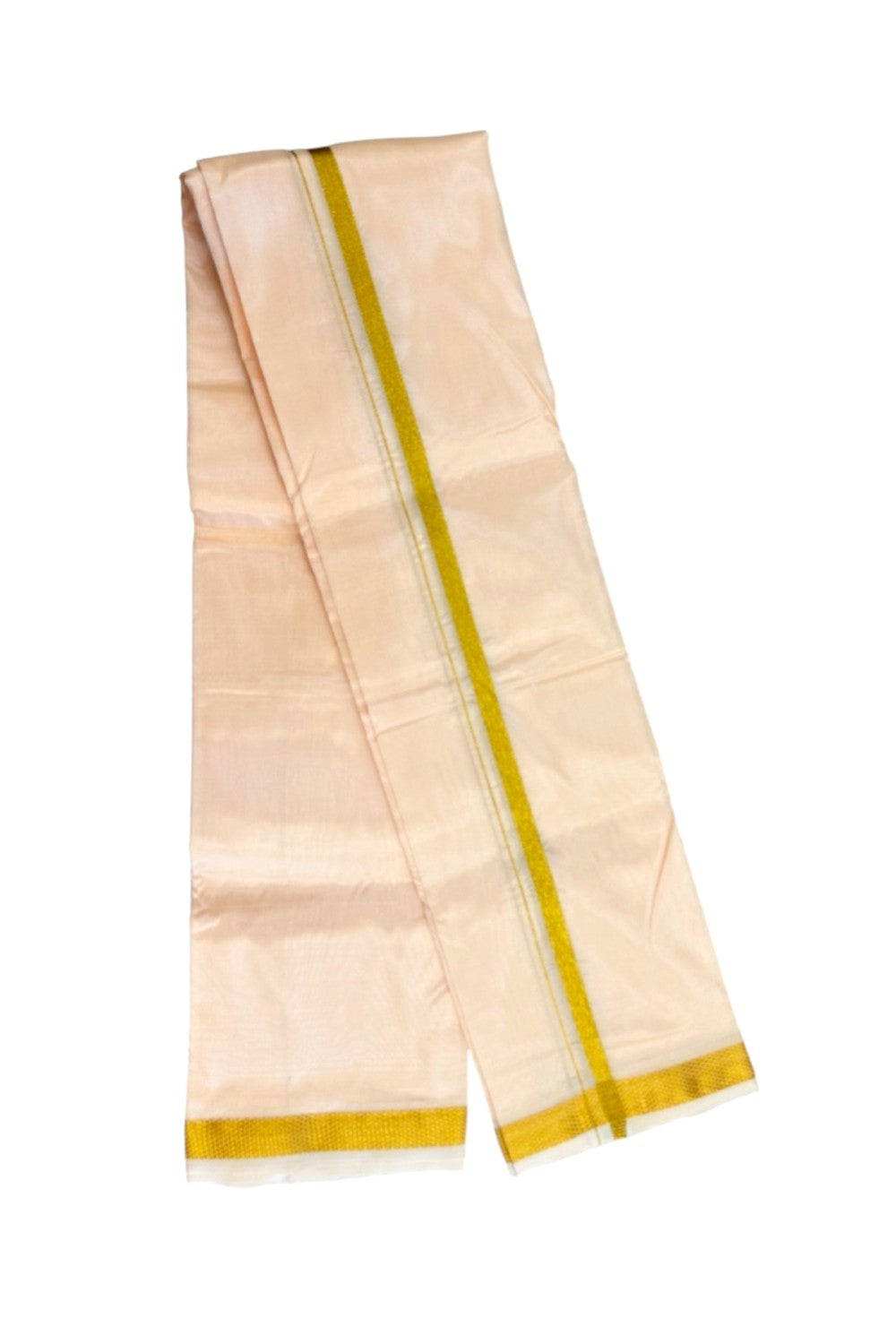 12% Discount!! KaithariKada Balaramapuram 100% Silk Double Mundu/Dhoti - Pastel Peach Colour Body - 0.5 inch Gold Kasav Kara 3.60 mtr (8 muzham) - 12KK5222 GAN
